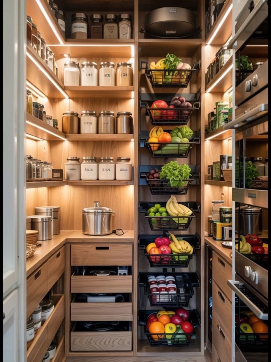 Custom wood pantry with produce baskets, Oyster Bay Long Island