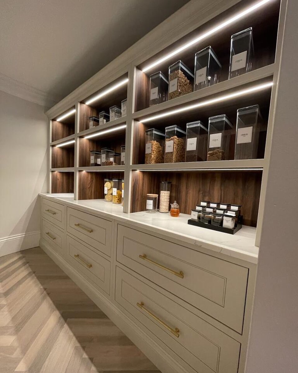 Luxury butler's pantry with walnut millwork and LED lighting, North Shore Long Island
