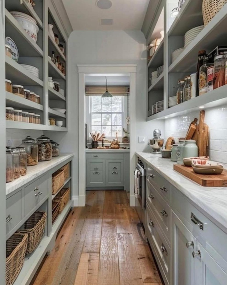 Sage butler's pantry with marble countertops, Brookville Long Island