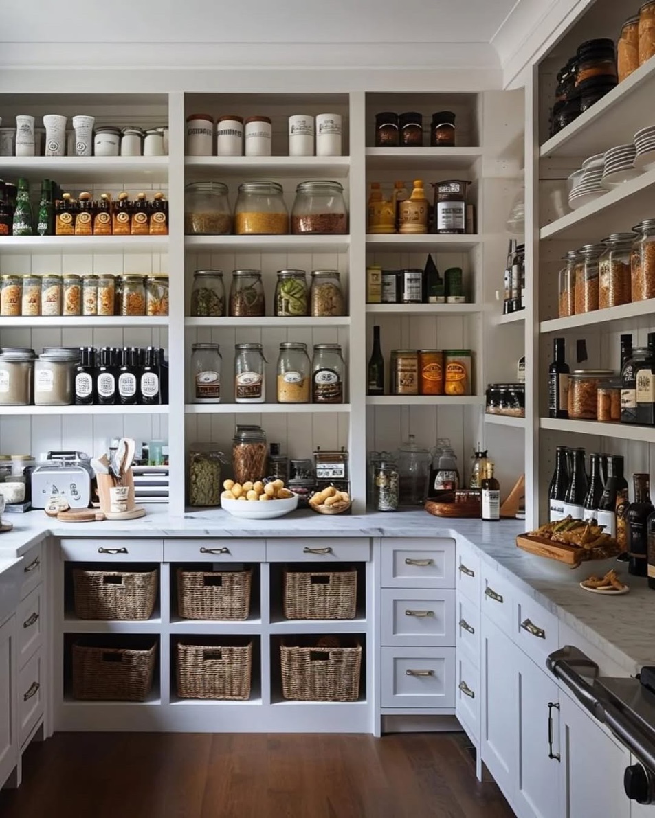 Classic pantry with marble countertops and glass jars, Manhasset Long Island
