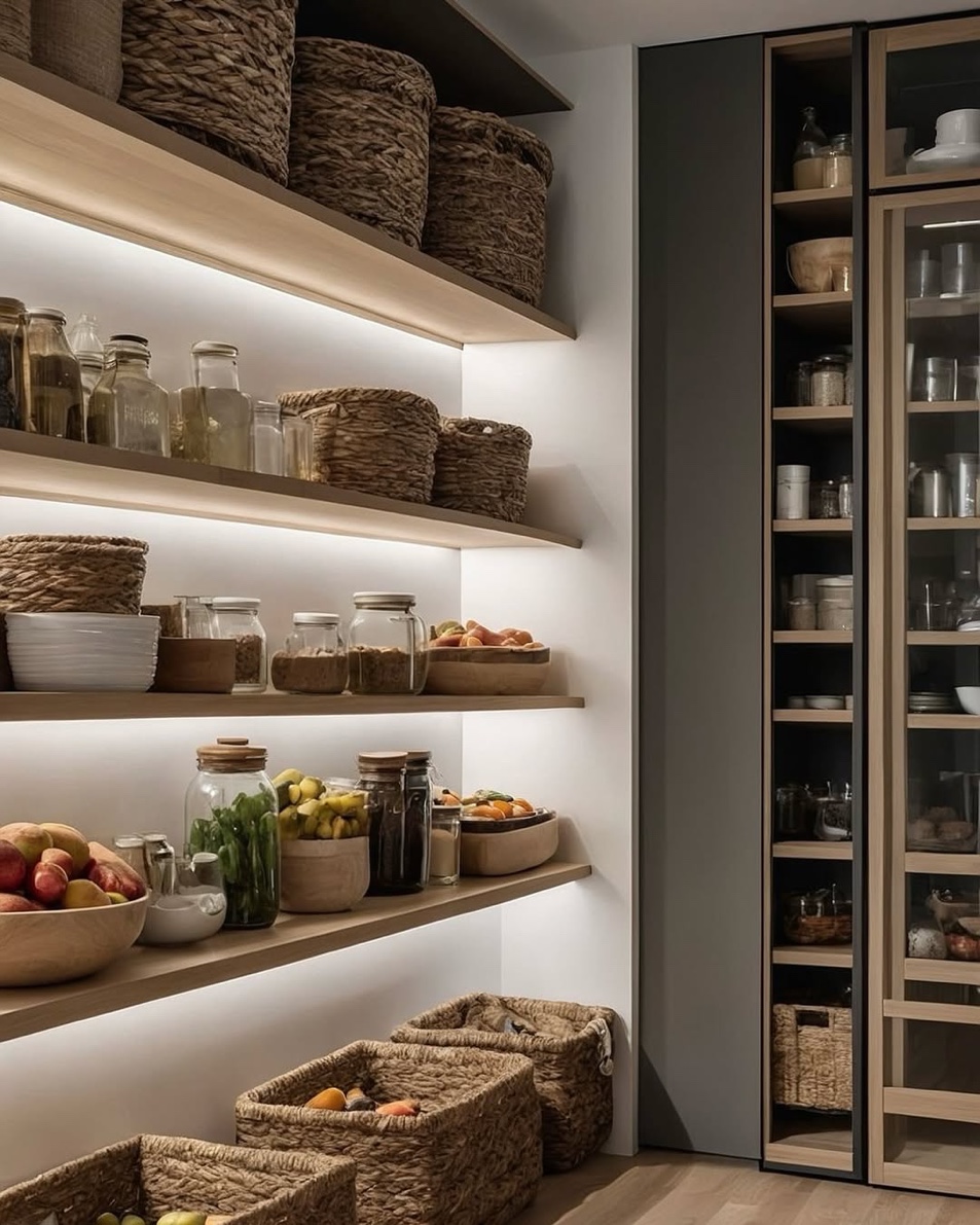Floating shelf pantry with warm LED lighting, Roslyn Long Island