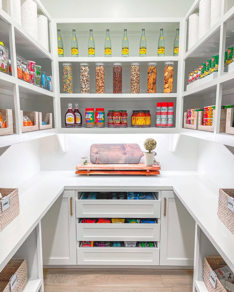 Family pantry with pull-out snack drawers, Great Neck Long Island