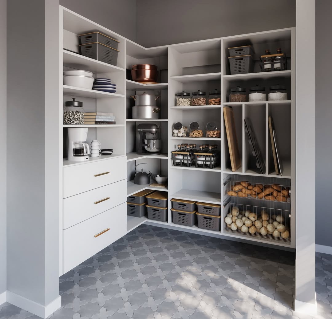 Modern walk-in pantry with gold hardware, Brookville Long Island